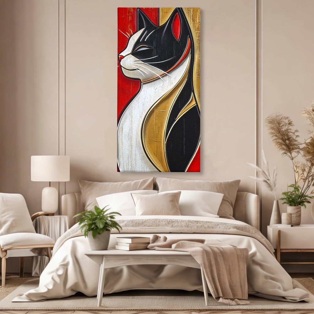 Tablou canvas cu tablou canvas cu pisica in profil, fara rama, pe sasiu de lemn, pe perete intr-un dormitor